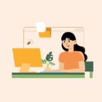 Illustration of a woman working online, representing virtual immigration consultation, visa applications, and legal support.